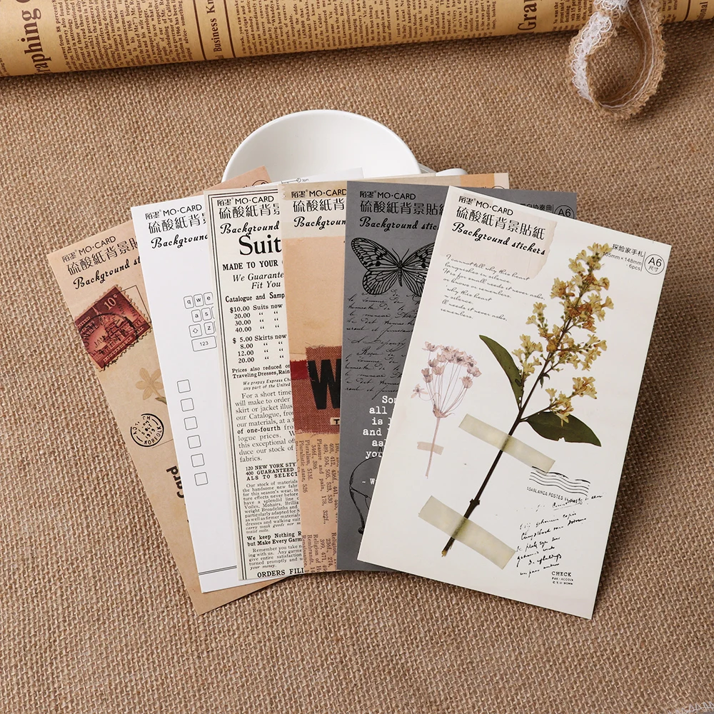

6Pcs/Set A6 series hand bag retro plant function black and white stationery poster material background sticker