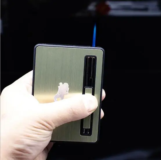 

creative butane gas inflatable Windproof lighter jet blue flame ,cigarette metal case Lighter 10 pieces cigarette capacity