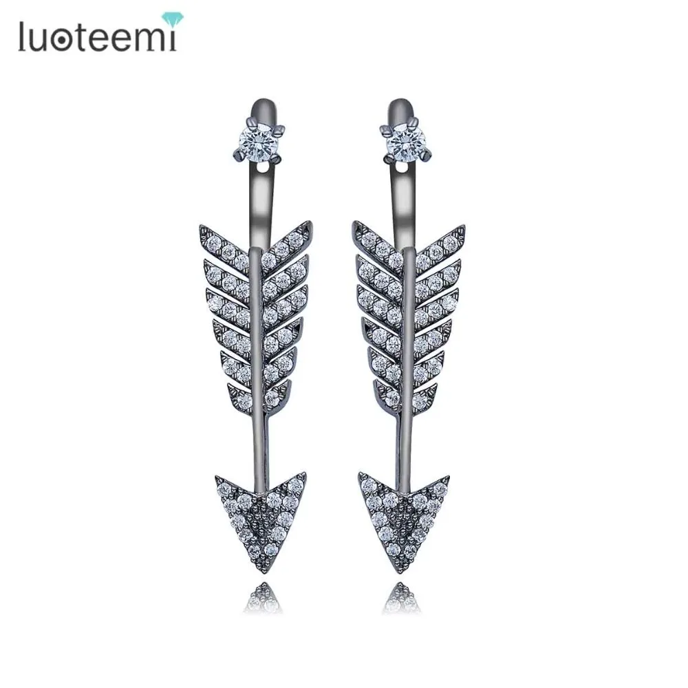 

LUOTEEMI Brand Personalised Speeding Arrows Stud Earrings Double Side Ear Cuff For Women Fish Bone Cubic Zircon Jewellery Gifts