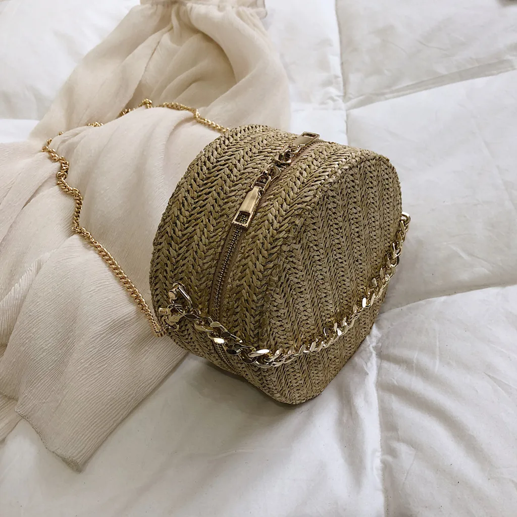 Новая женская круглая сумка через плечо, плетеная Женская цепочка соломенного цвета, сумка через плечо, повседневная сумка на молнии для покупок, женская сумка#30