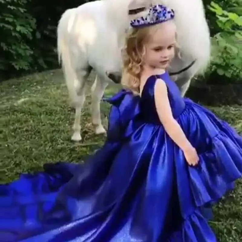 84 Cute Royal Blue O Neck Sleeveless Ball Gown Bowknot Floor Length Mother and Girl Dresses