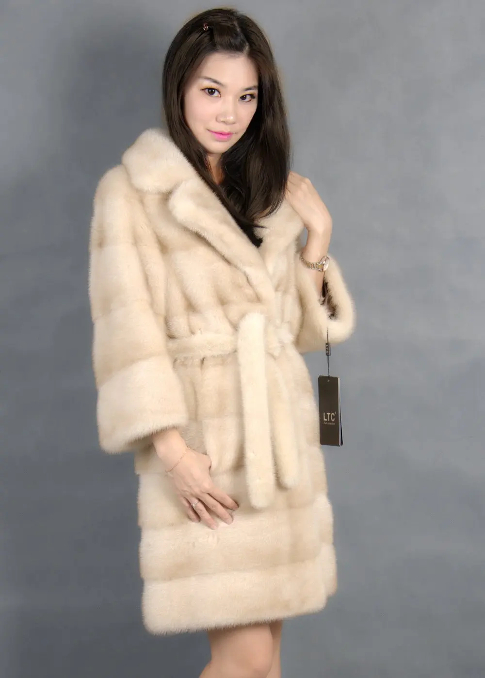 Genuine mink fur coat with turn down collar light color 100% natural ...