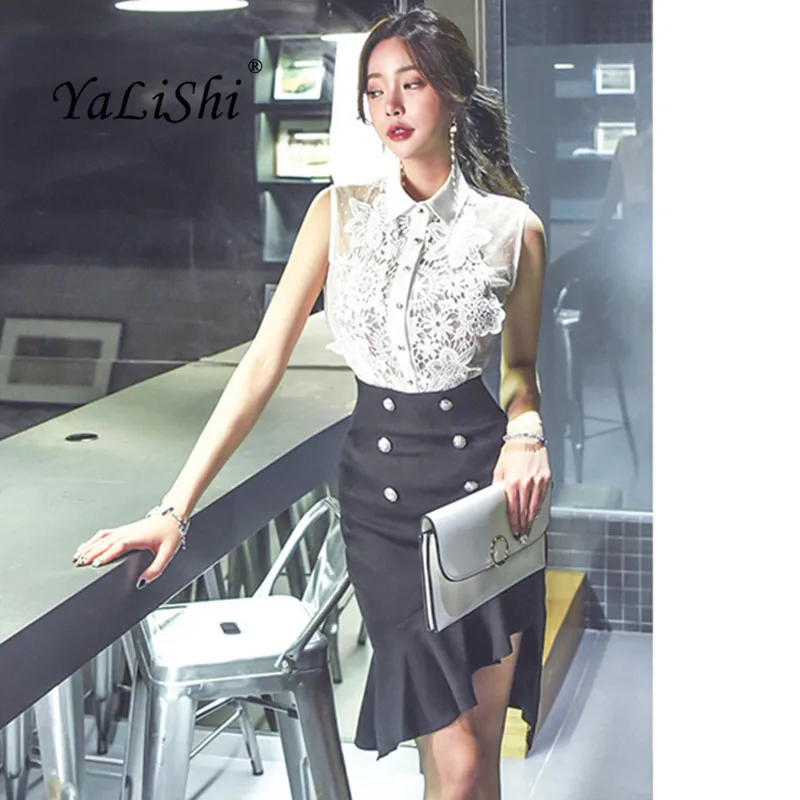 

2 Piece Set Women Suit White Turn-down Collar Sleeveless Vintage Office Top and Elegant Mermaid Asymmetrical Skirt Two Piece Set