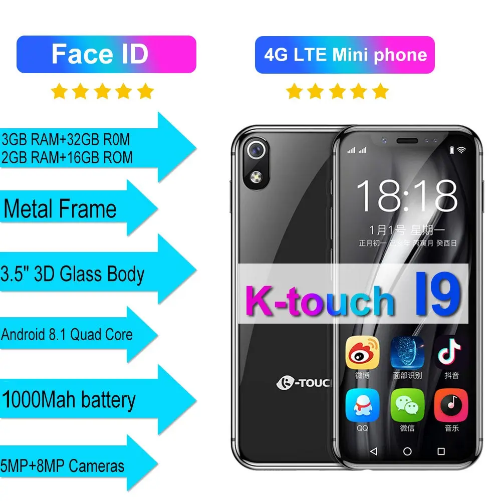 2019 самый маленький Смартфон Android 8 1 K TOUCH I9 3g 32G/2G 16G Face ID 3 5 &quotчетырехъядерный 1000mAh 8M +
