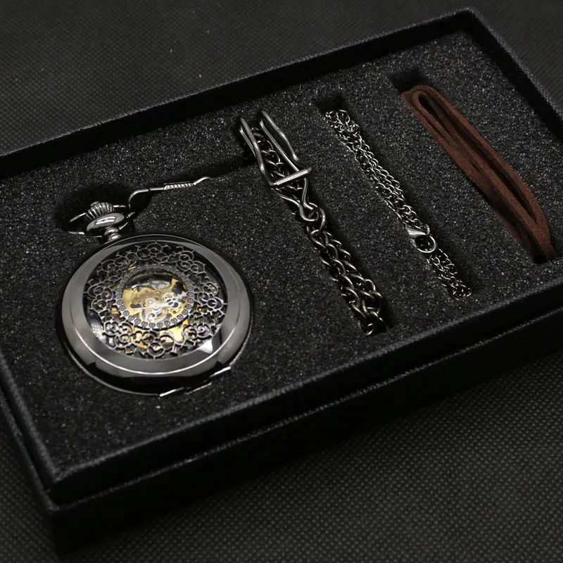 Vintage Luxury Black Metal Mechanical Pocket Watch Smooth Steampunk Hand Winding Clock Set with Gifts Box Bags Leather Pin Chain 2018 (1)