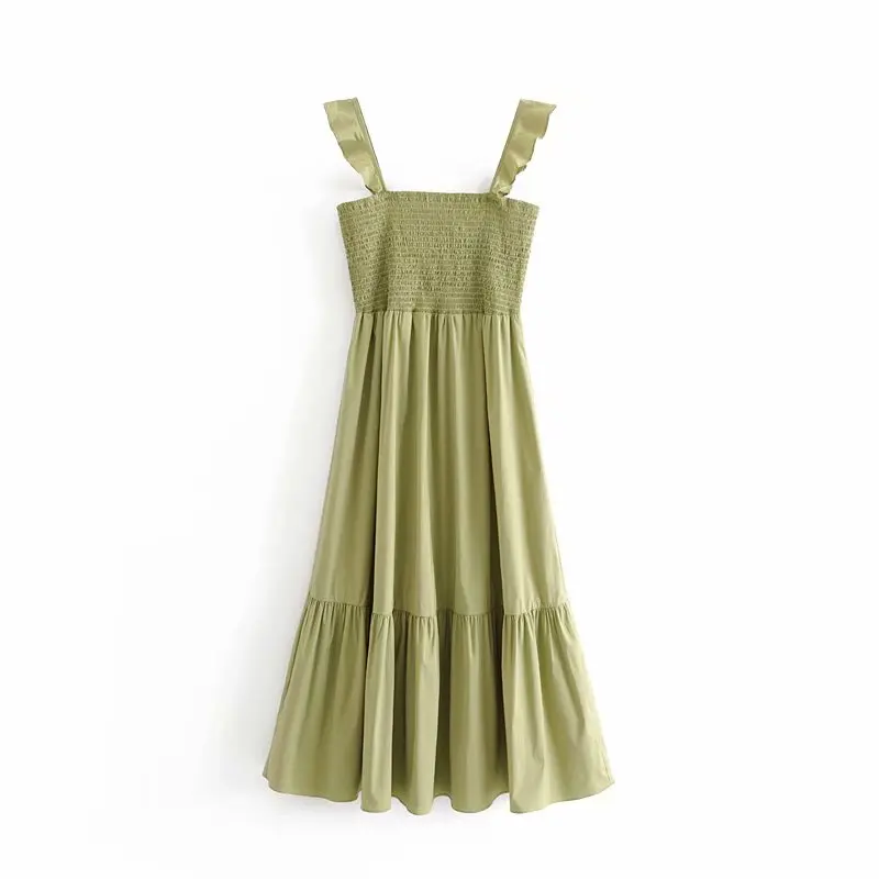 

Vintage Chic Green Ruffle Strap Elastic Chest Dress Fashion Women Square Collar Sling Dress Casual Long Bodycon Vestidos