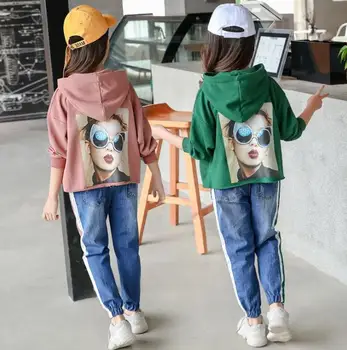 

Children's set 2019 spring and autumn new girls hooded printing sweater + jeans set children's casual shirt 3-12Y