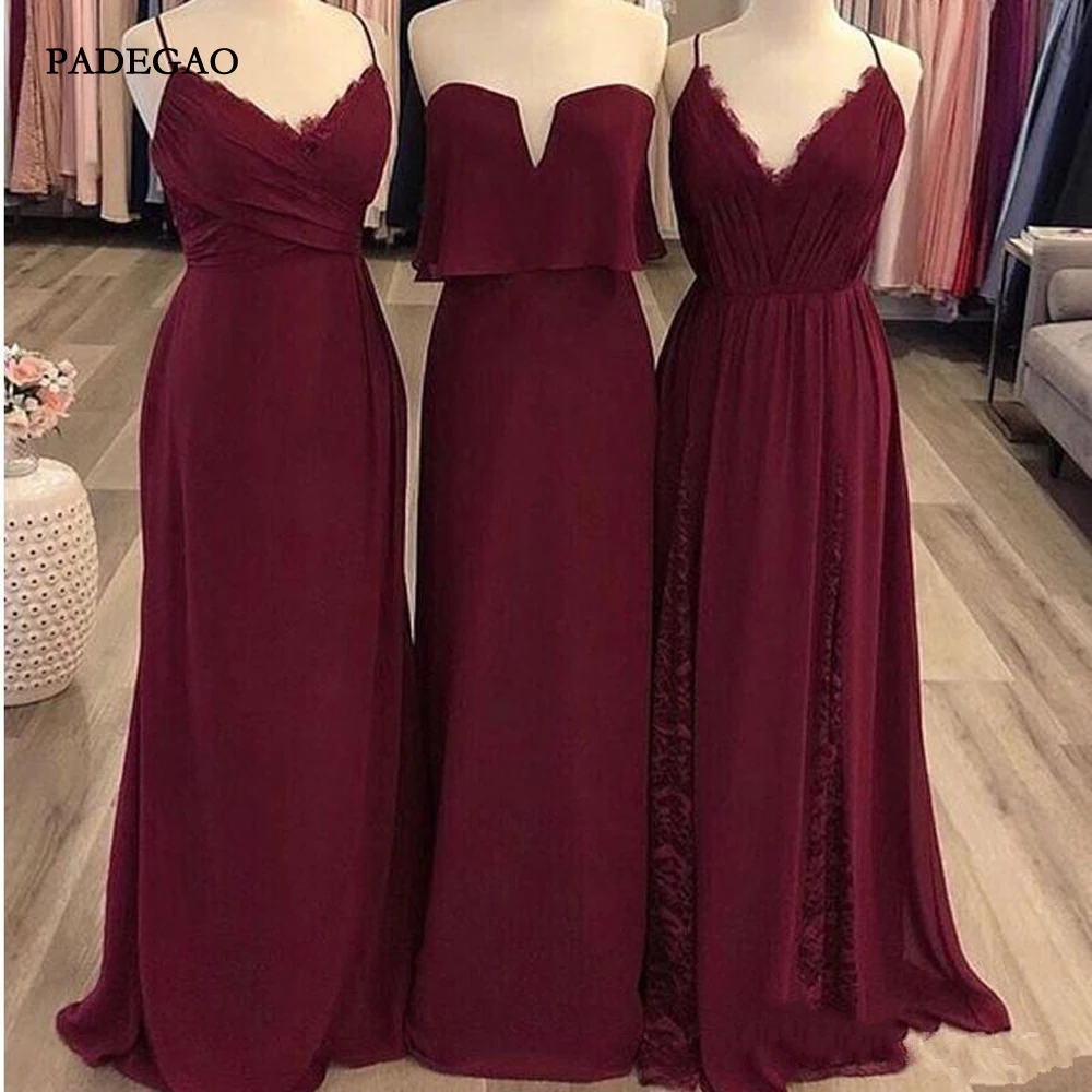 

Simple Burgundy Chiffon Bridesmaid Dresses for Wedding Party A Line Straps V Neck Lace Up Bridemaids Dress
