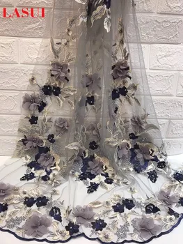 

LASUI 1yard /lot 6colours 3D colourful Nail Beads embroidery LACE fabric wide150cm soft dress decoration clothes accessory Q058