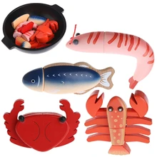 1pc corte de madeira mar alimentos cortar fingir jogar brinquedo educacional presente para o bebê do miúdo japão camarão/lagosta/crucian/caranguejo