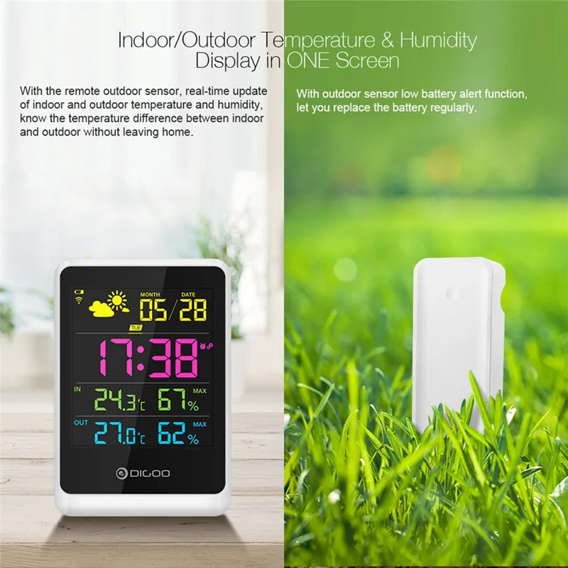 DIGOO DG-TH11200 Weather Station Digital Alarm Clock Calendar Wireless Outdoor Indoor Forecast Sensor Thermometer Hygrometer