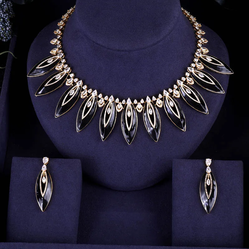 

Accking Newest BLACK Jewelry Sets Brilliant Cubic Zircon Wedding Bridal Party Necklace earrings jewelry set For Women