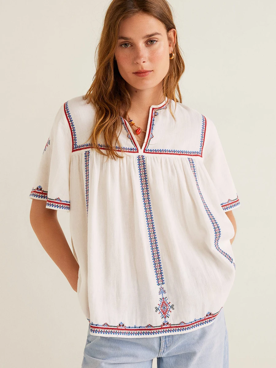

Embroidered Details Blouse Women Short Sleeve V neck Ethnic Vintae Shirt Top 2019 Summer Clothes Casual Loose Blouse Tunic