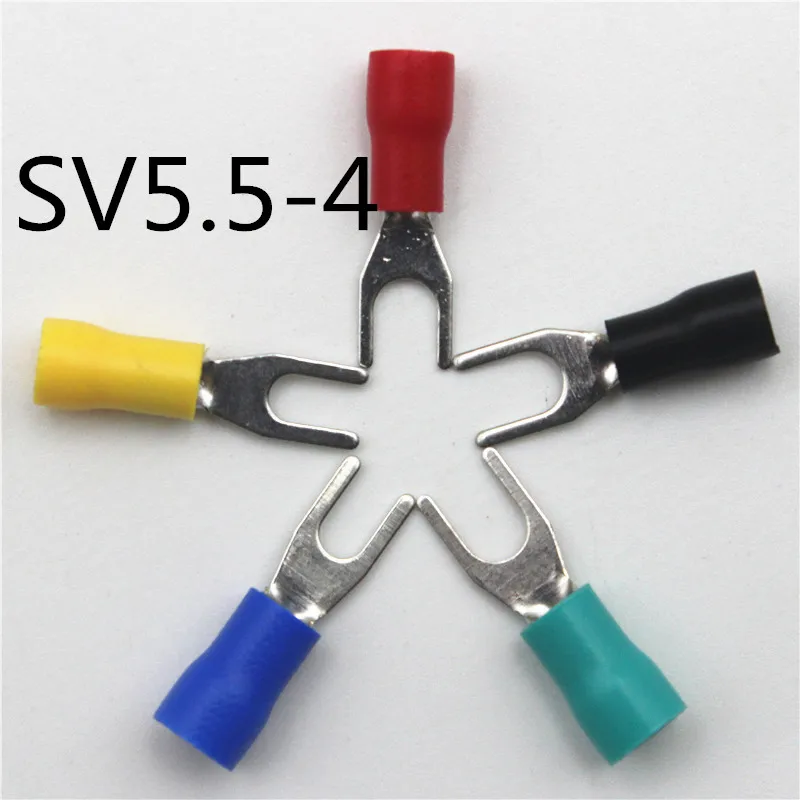 500 шт. SV5.5-4 виниловый, с изолированным лопатой вилка Furcate клеммный кабельный наконечник Y-U провода разъемы латунь для AWG12-10#8 Шпилька 48A