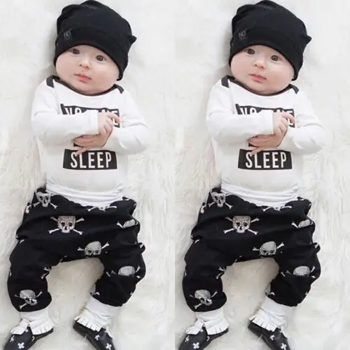 Newborn Baby Girls Boys Letter Printed Long Sleeve Tops Romper+ Skull Long Pants Outfit Set Clothes