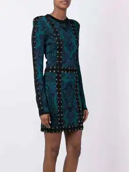 

2018 Newest blue black O Neck Hollow Out Print lace up Long Sleeve Women summer Celebrity evening party Bandage Vestidos dresses