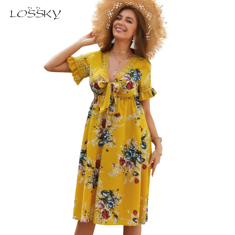 

LOSSKY Summer Sexy Casual Print Dress Women 2019 Beach Flashion Bohemian Butterfly Sleeve Bow Dress Vestido Hollow Dress Female