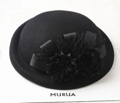 Черный Женская шерстяная шляпа Fedoras зимний теплый шерстяной головной убор женский вариант берет шерстяная шляпа английская винтажная Цветочная скрученная хоста шляпа B-8775 - Цвет: Черный