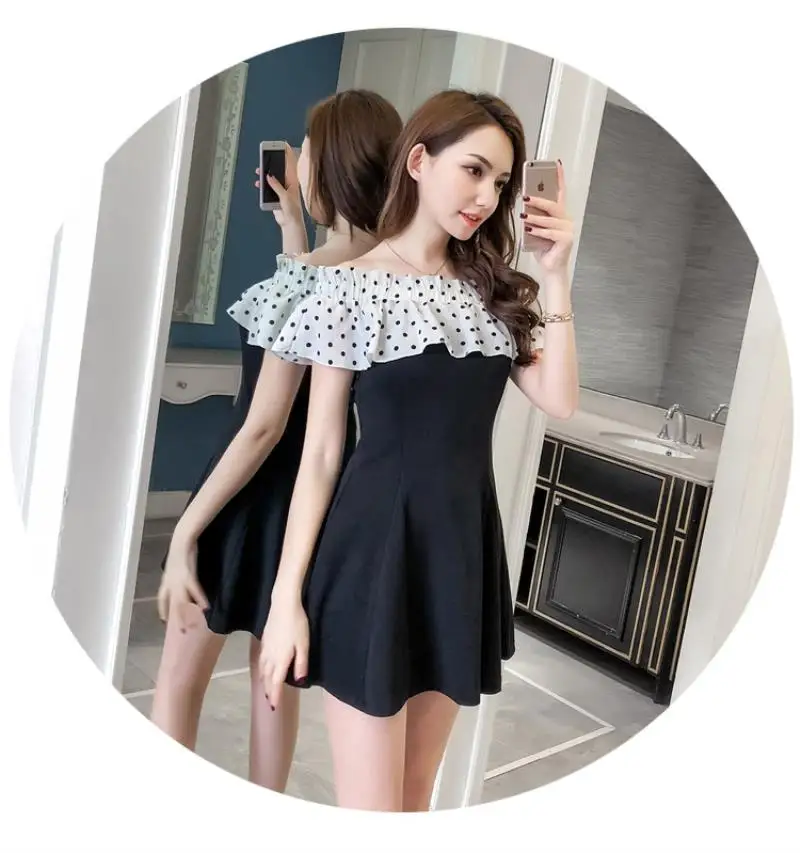 2018 New Arrivals  Summer  sexy dot dot shoulder stitching slim A short sleeved dress Free Shipping