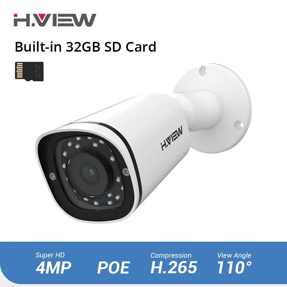 

H.VIEW PoE IP Camera 4mp H.265 CCTV Camera PoE Cameras Outdoor IP67 32G Internal Storage Infrared Onvif NAS IP Cameras