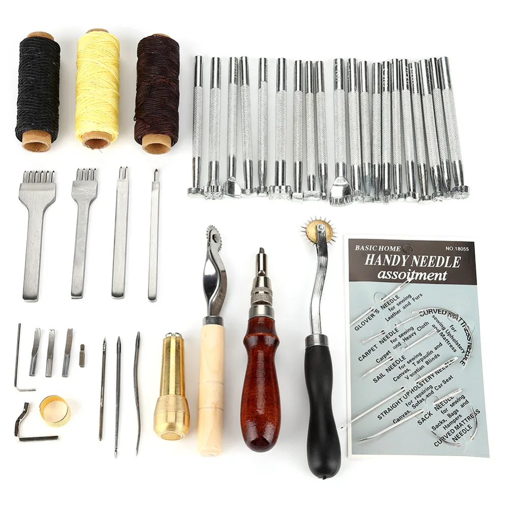 48pcs Leather Craft Tools Kit Hand Sewing Stitching Punch Carving Work Cutter DIY Leathercraft