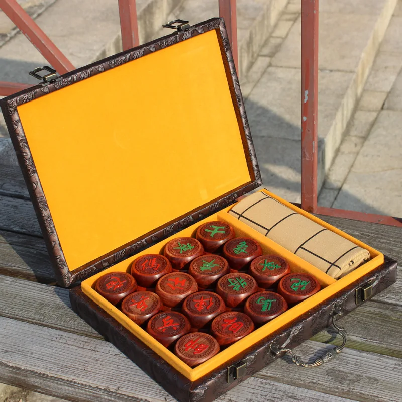 

Hot Chinese Style Retro Chess Mahogany Blood Carving Chess Decoration Collection Chess Set & Leather Wood Box Chess Game