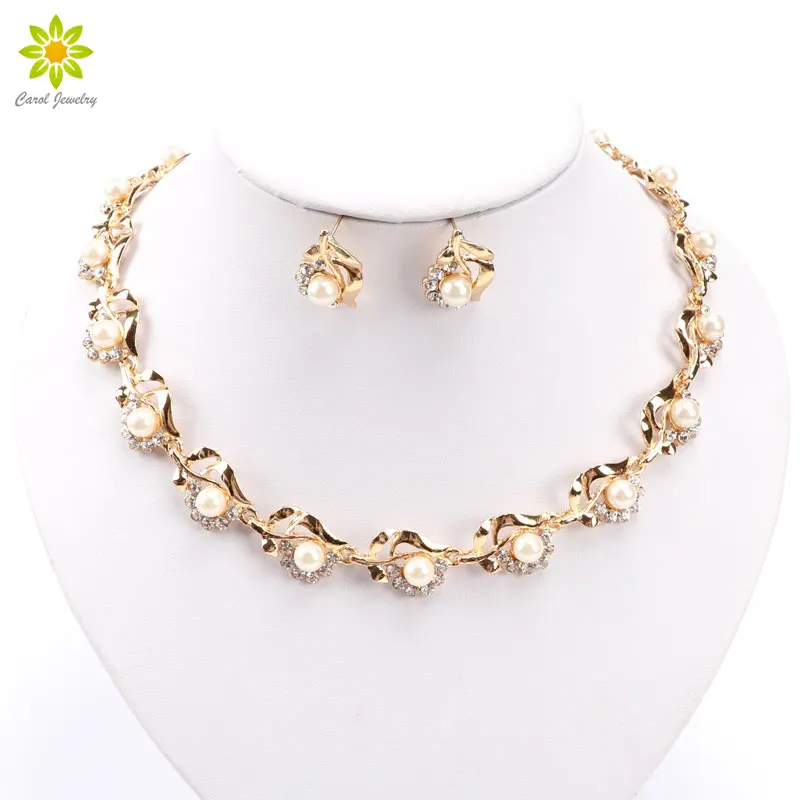 

New Arrival Fashion Crystal Simulated Pearl Flower Jewelry Set Gold/Silver Plated Party Rhinestone Pendant Necklace Earrings Set