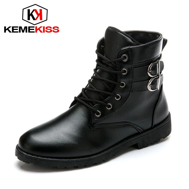 KemeKiss Men Motorcycle Boots Solid Color Lace Up Round Toe Boots