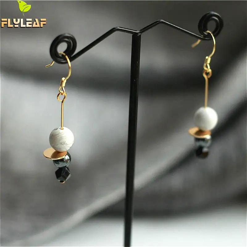 

Flyleaf 925 Sterling Silver Gold Long Drop Earrings For Women Nature Stone Dangle Earings Fashion Jewelry Simple High Quality