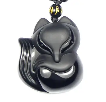 

Natural Obsidian Fox Pendant Necklace Sweater Chain Donghai Crystal Honor Jewelry o4#