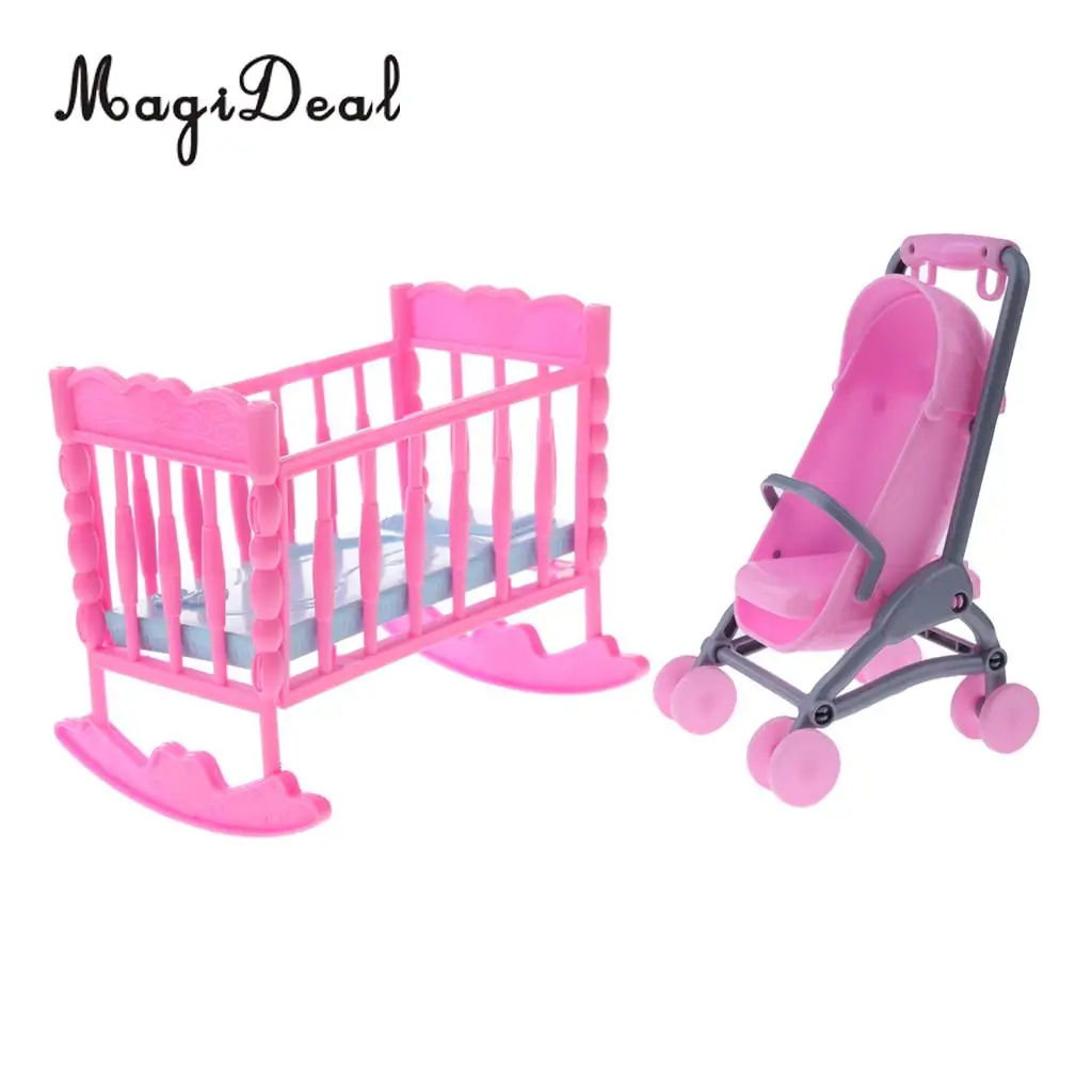 1/6 Pink Baby Cradle Bed+Stroller Model Dollhouse Miniature Furniture for Dolls Accs Kids Children Pretend Play Toys