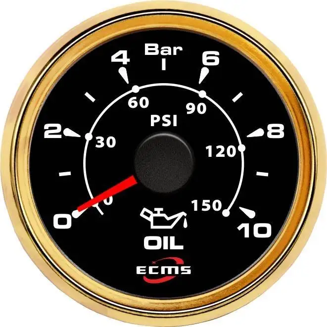 

Marine Boat Yacht Automotive Pressure Gauge 0-10 Bar 9-32V 10-184 OHMS 52mm 2 Inch 316L Gold Bezel Black Dial 802-00033