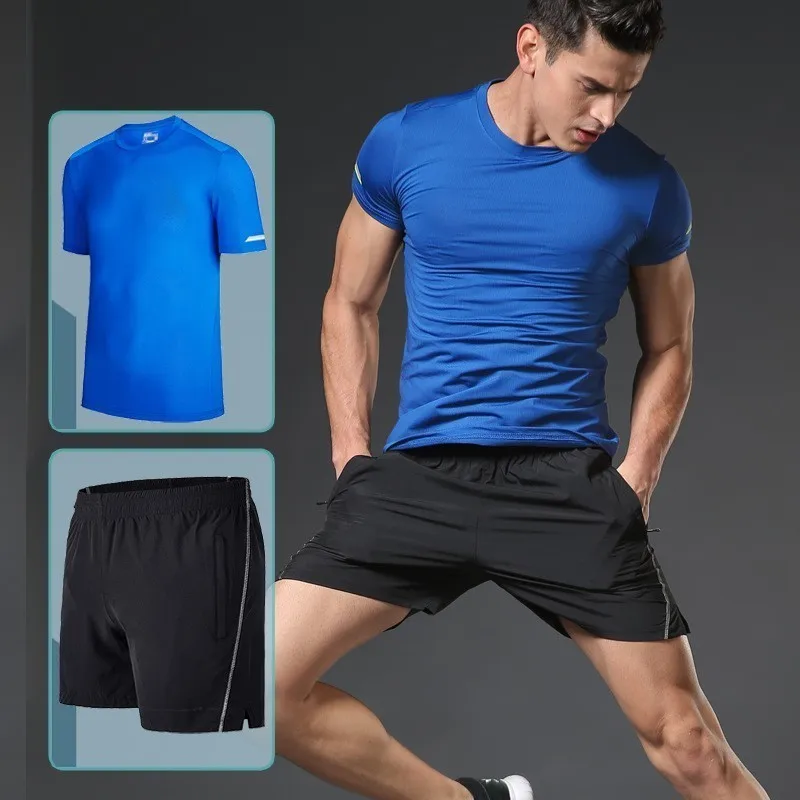 Для мужчин комплект для бега цвет: черный, синий белый тренировочный костюм эластичный дышащий спортивный костюм для бега, для тренировок, фитнеса Спортивная одежда для бега для мужчин - Цвет: Men sportswear-BLU