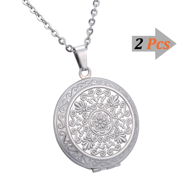 

Fashion 2Pcs Stainless Steel Round Flower Pattern Charms Necklace Vintage Opening DIY Photo Box Necklaces & Pendants Jewelry