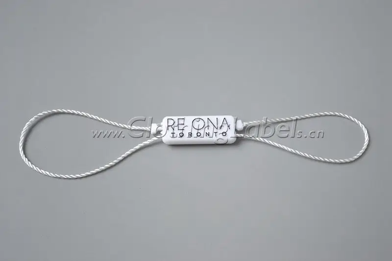 Hang tag string, plastic seal, attach to hang tag, clothing label
