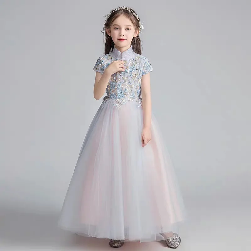 

Summer Luxury Children Girls Chinese Style Embroidery Flowers Lace Wedding Birthday Party Princess Long Dress Kids Host Dresses
