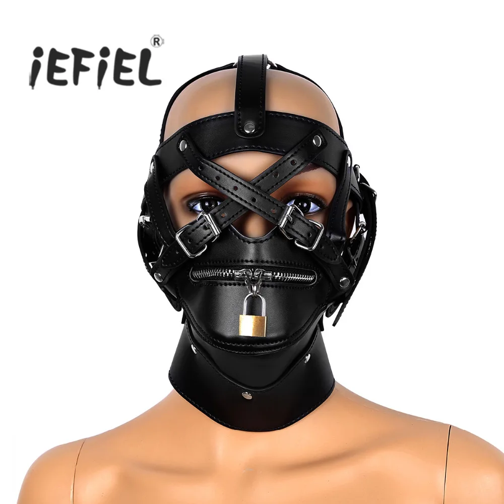 

Unisex Adjustable Leather Fancy Dress Masks Full Covered Hood Mask Buckled Lockable Head Harness with Zipper Mouth for Costumes