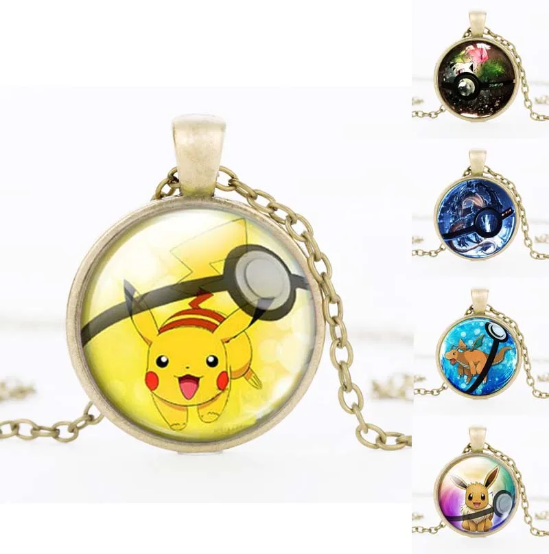 

Anime Pokemon Go Jewelry with Bronze Plated Glass Cabochon Pikachu Pattern Choker Long Pendant Necklace for Women Party