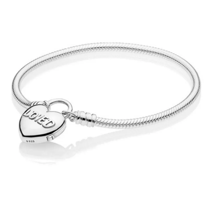 

2019 NEW 100% 925 Sterling Silver Valentine's Day Moments Smooth Bracelet With Loved Heart Padlock Clasp For Jewelry Gift