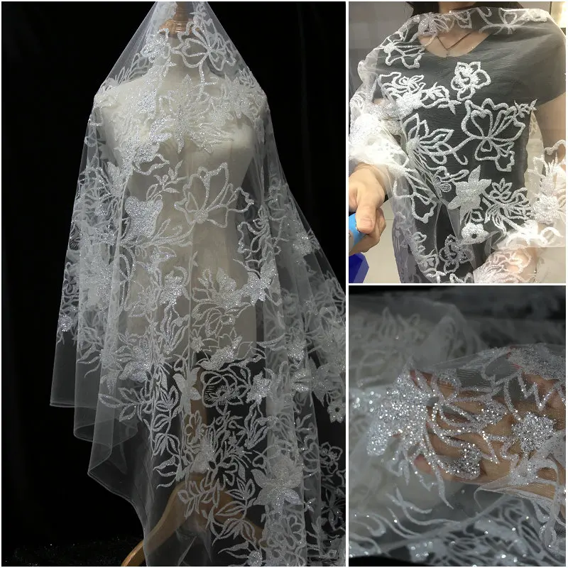 

90x130CM White Spray Glitter Sequin Fabric Embroidery Mesh Fabric Designer DIY Women Wedding Dress Material Fabric