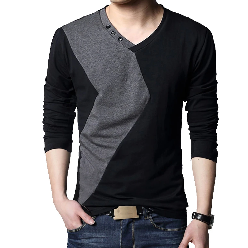 

BROWON Brand Autumn Mens T Shirts Fashion 2019 Streetwear Long Sleeve V Neck Color Patchwork Cotton T Shirt Men