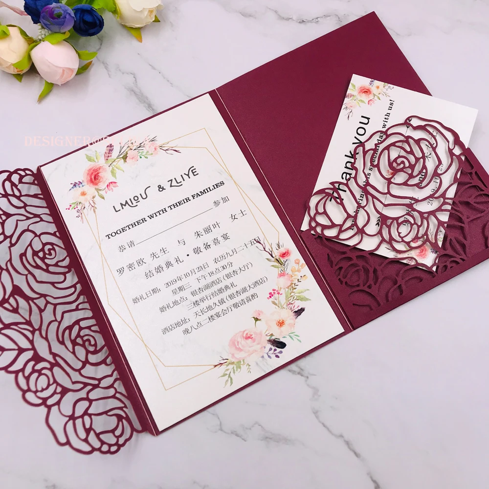 20+Color Wedding Invitation Card Burgundy Laser Cut Invitations with RSVP for Quinceanera Bridal Shower Birthday | Дом и сад