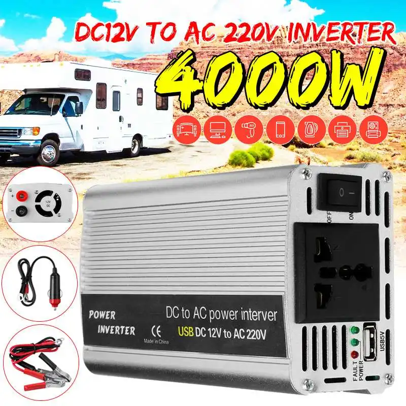 

4000W Peaks Solar Power Inverter 12V 220 Voltage Modified Sine Wave USB Car Charge Converter Transformer
