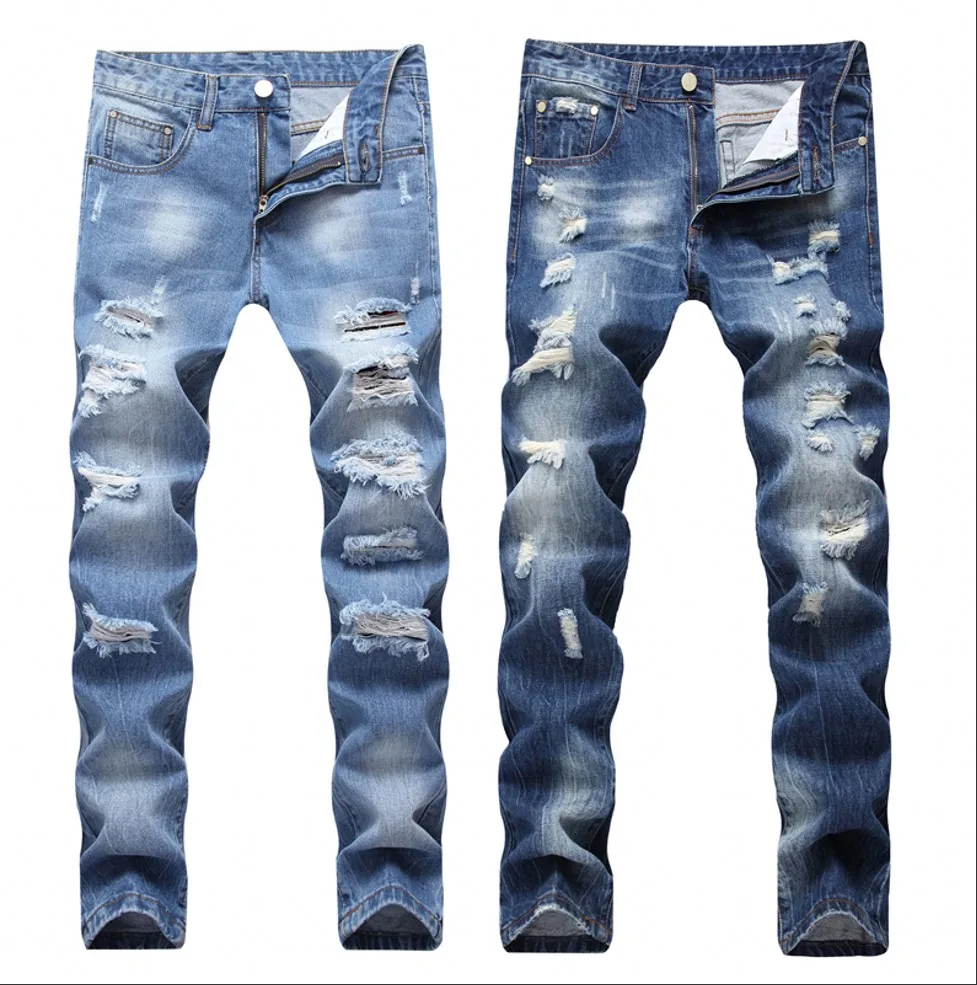 2019 New Fashion Ripped Jeans Men Patchwork Hollow Out Printed Beggar Cropped Pants Man Cowboys Demin Pants Male