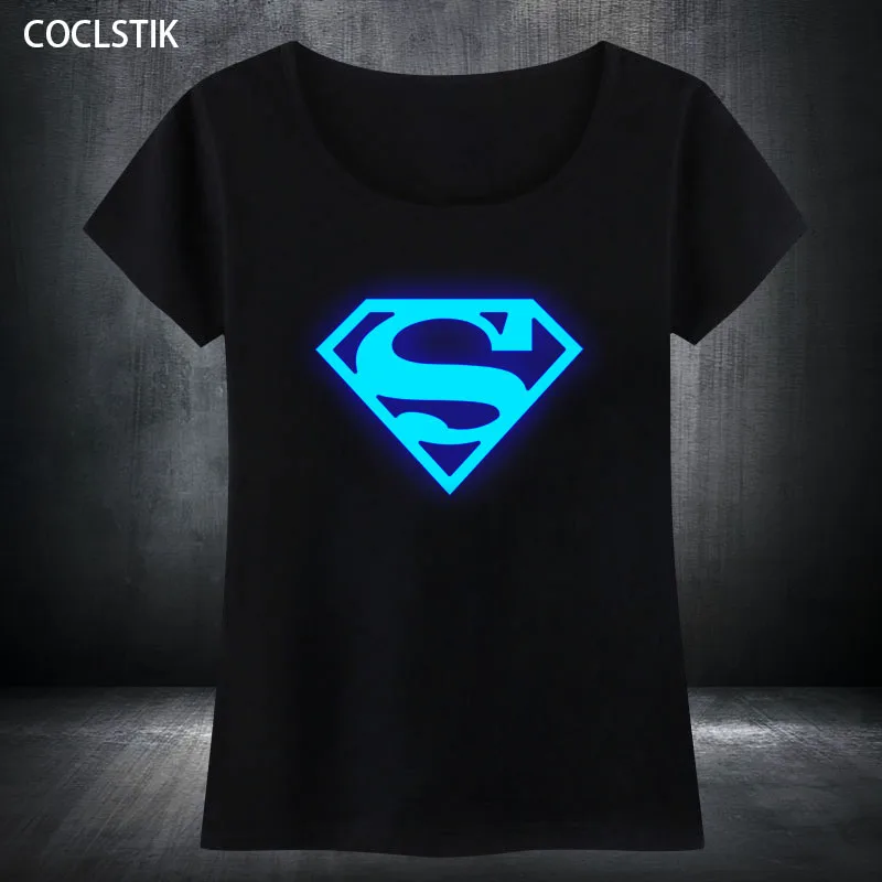 

100% Cotton Womens Summer Blue Fluorescent Anime Superman T-shirt Female Super Hero Movie Casual T Shirt Women Short Sleeve Tops