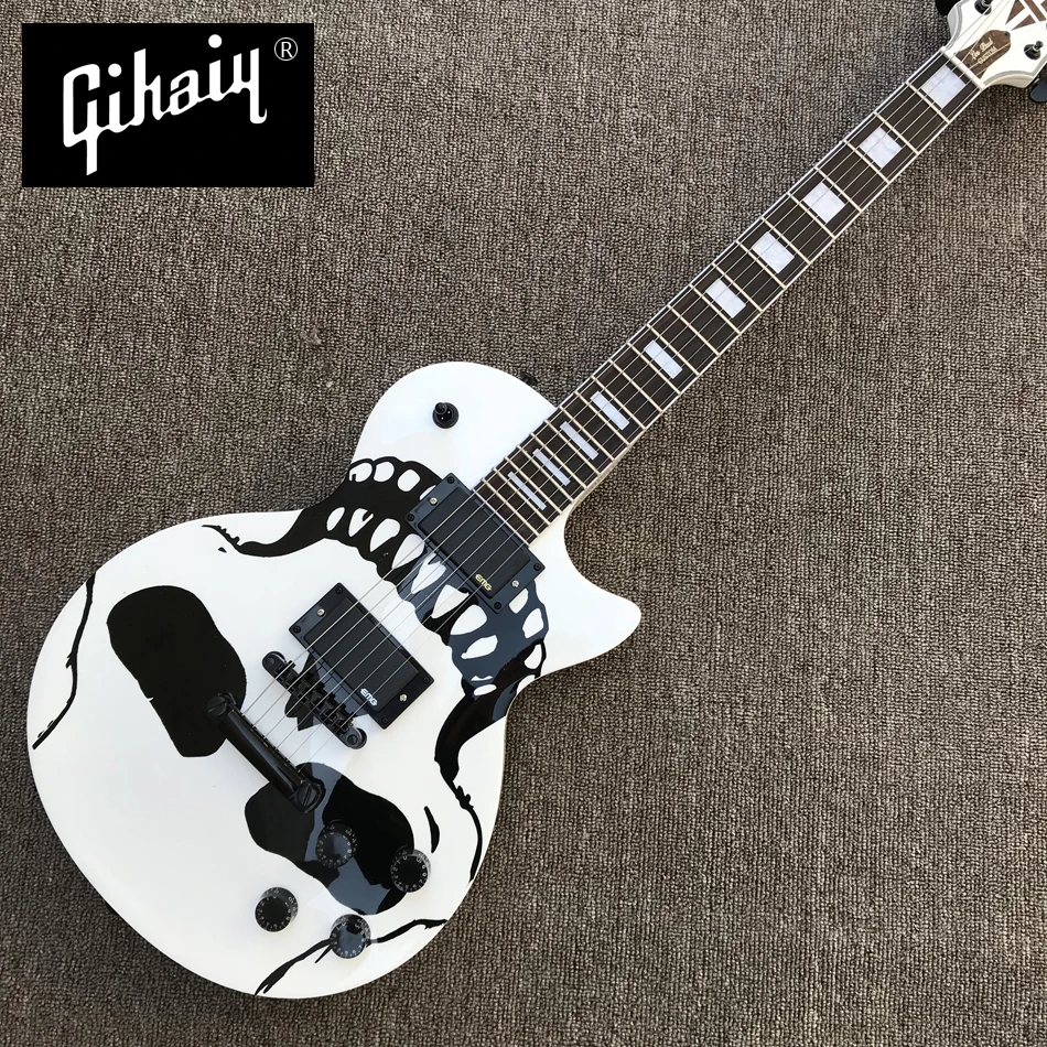 

High quality hand-made electric guitar, white electric guitar Black Skull Pattern with rosewood fingerboard, free shipping