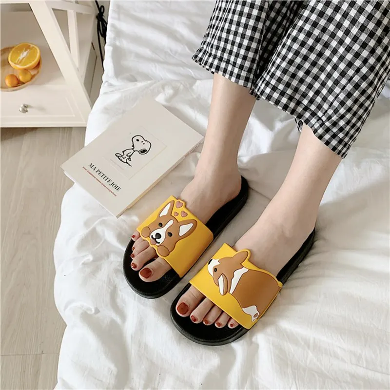 Summer Cartoon Women Shoes Kawaii Dog Animal Slippers Comfort Rubber Sliders Outside Indoor Sandals Cute Students Slip On Female