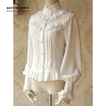 

2016 New White Lolita Blouse Shirt Chic Chiffon Shirt Fashion White blouse long sleeve Chiffon blouse Lace trims lace Blouse