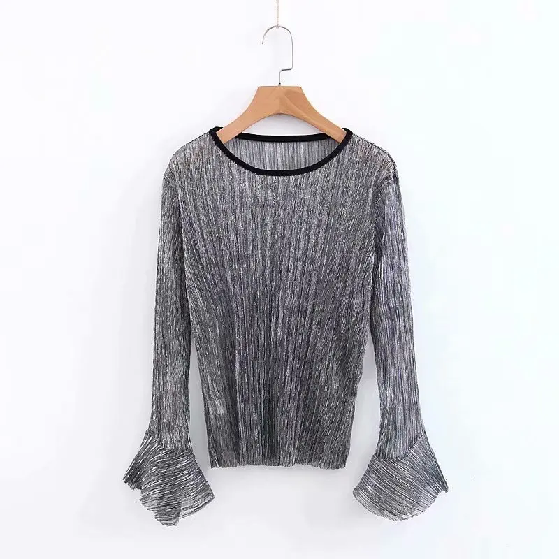 

2019 women o neck metallic color pleats casual blouse shirts women butterfly sleeve perspective blusas thin chemise tops LS3292