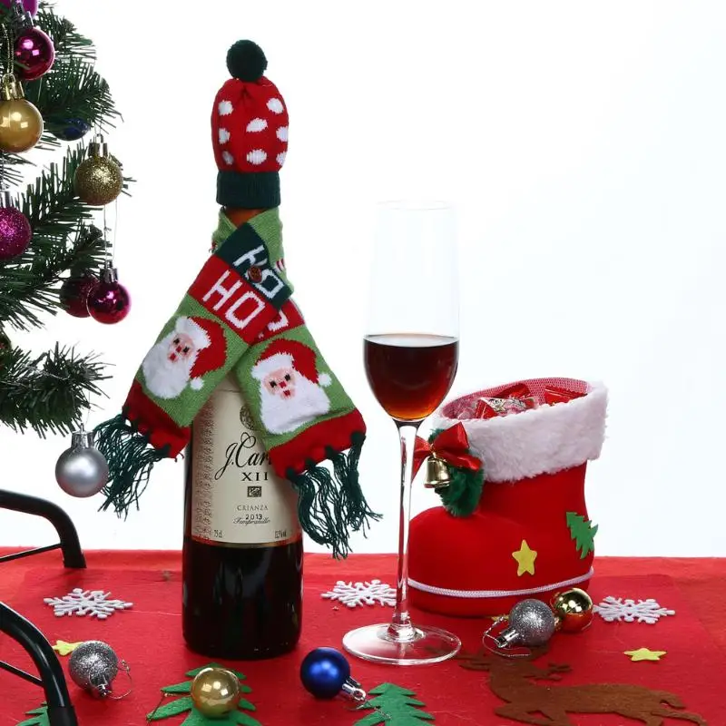 

Christmas Wine Bottle Covers Knitted Scarf Cap Pendant Ornaments Christmas Table Decoration for Home New Year Supplies